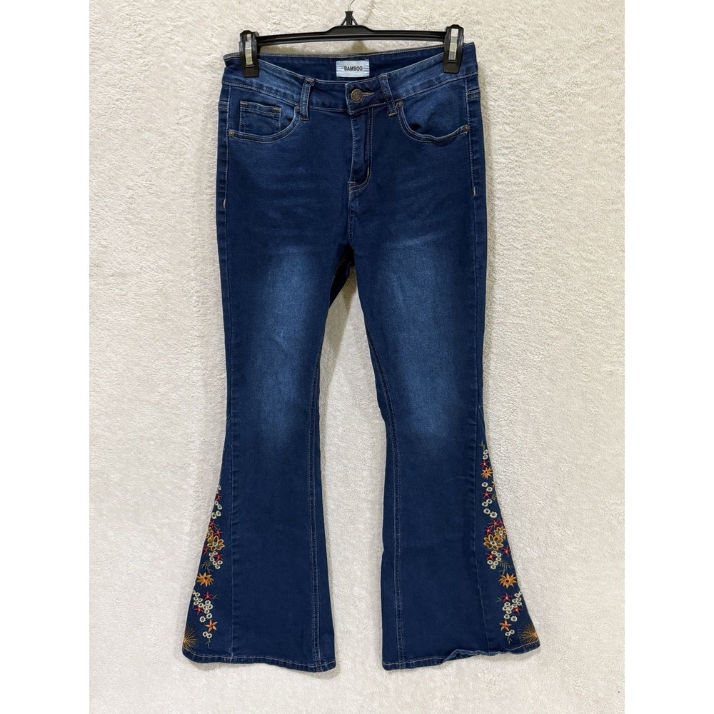 Bamboo Embroidered Bell Bottom Jeans Mid Rise Size 7 Junior Boho Festival Y2K